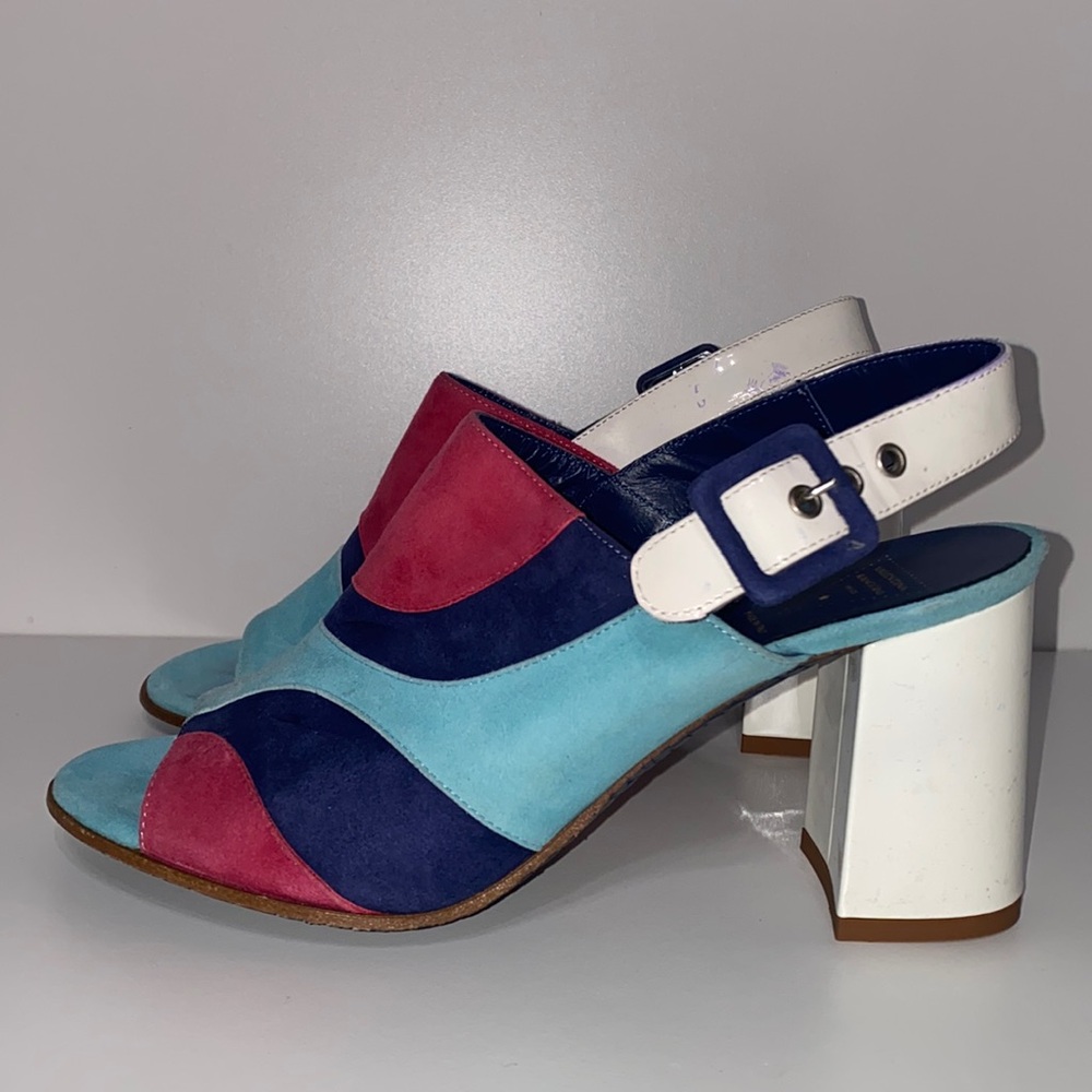 Valentina Rangoni Suede Colorblock Cobalt Blue, Blue and Pink Heel Sanda…